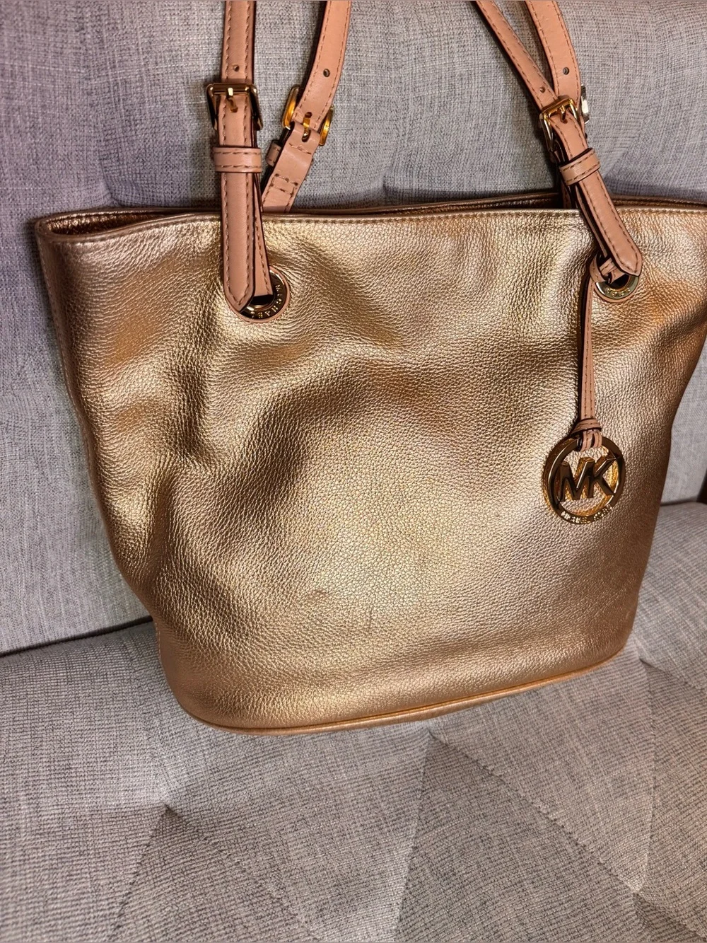 Michael Kors Gold Pebbled Leather Tote with Gold MK Charm - Picture 3 of 16